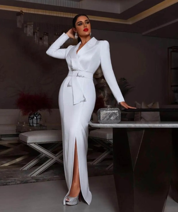 Bleistift Standesamt Blazerkleid Ina für Die Braut mit V Ausschnitt&nbsp;Lang