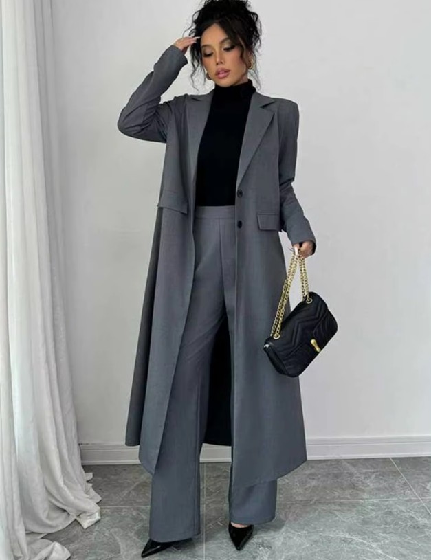 Damen Hosenanzug Elikapeka Elegant in Grau Long Blazer mit Hose 