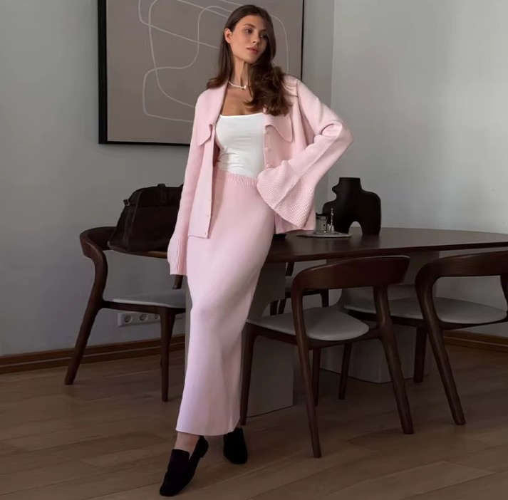 Damen Zweiteiler Outfit Gestrickt in&nbsp;Rosa