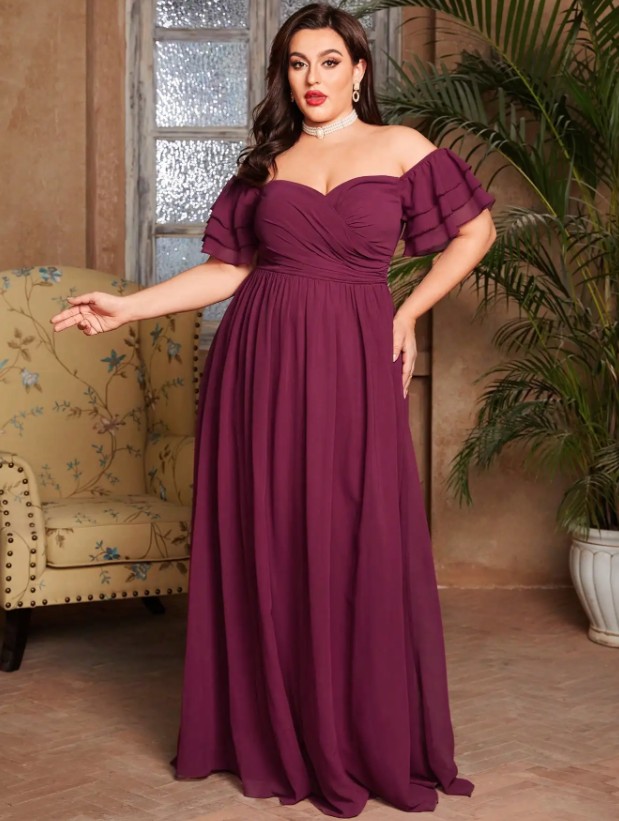 Empire Maxi Kleid Ignatia Elegant für Hochzeitsgäste in Dunkelrot Schulterfrei