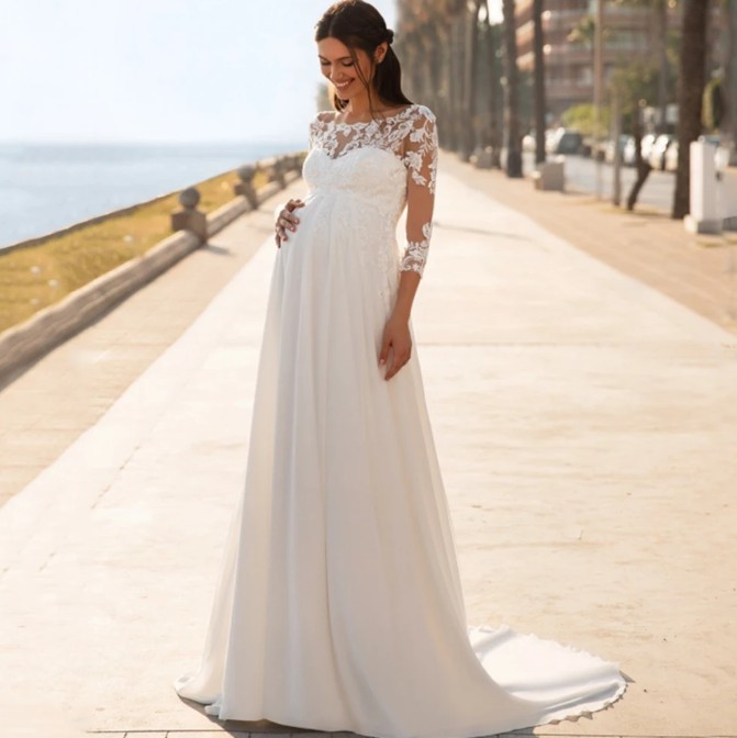 Empire Umstandsbrautkleid Helin mit Ärmeln aus Spitze Hochzeitskleid für&nbsp;Schwangere