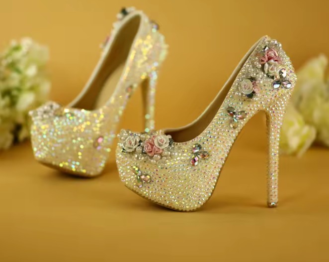 Glitzer Perlen Brautschuhe mit 3D Harz Blumen Absatz 6 – 14&nbsp;cm