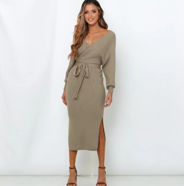 Langarm Wickel Strickkleid Eve mit V Ausschnitt&nbsp;Khaki