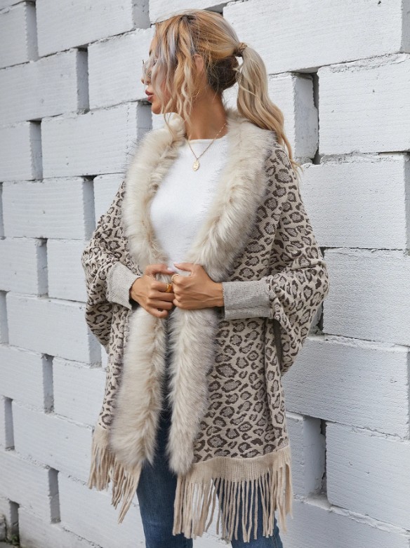 Leo Print Damen Cardigan Poncho Elele&nbsp;Beige