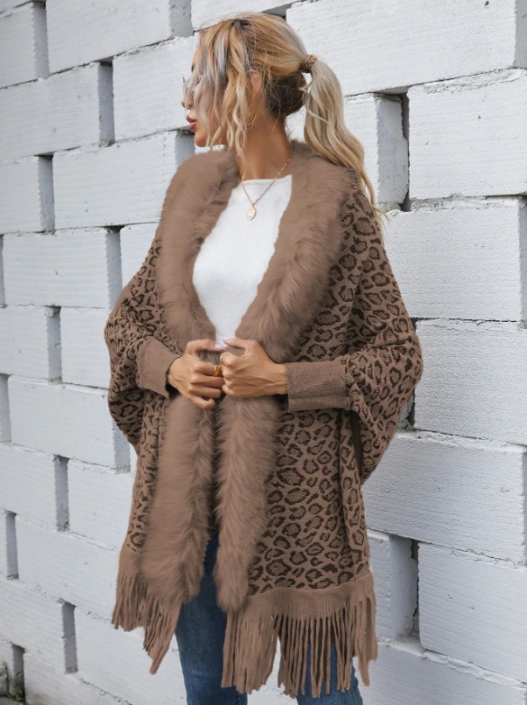 Leo Print Damen Cardigan Poncho Elele&nbsp;Braun