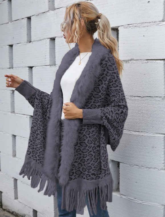 Leo Print Damen Cardigan Poncho Elele&nbsp;Grau