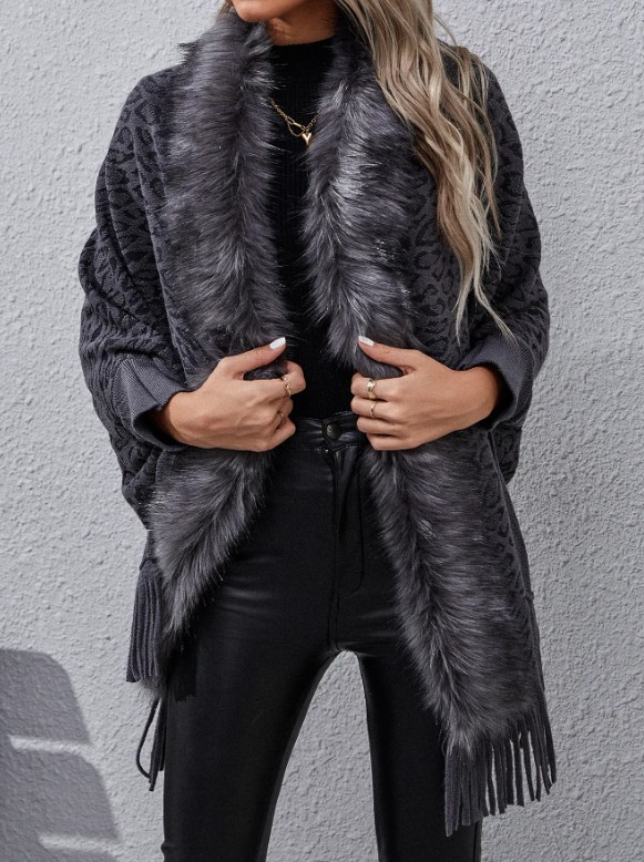 Leo Print Damen Cardigan Poncho Elele&nbsp;Schwarz