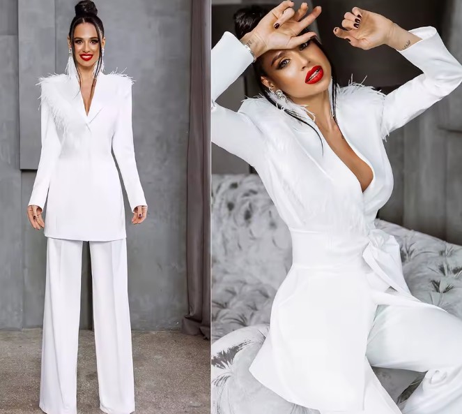 Luxus Feder Braut Hosenanzug Ioana in&nbsp;Weiß