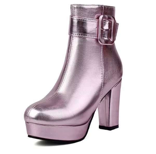 Metallic PU Leder Damen Stiefeletten in Rosa bis Gr&nbsp;43