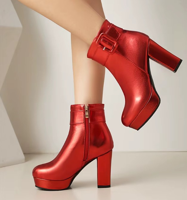 Metallic PU Leder Damen Stiefeletten in Rot bis Gr&nbsp;43