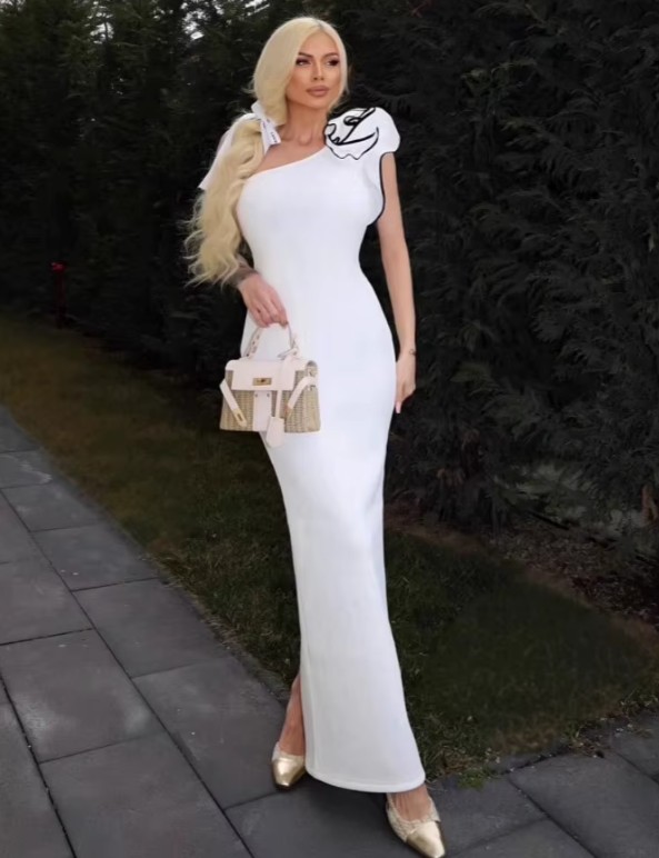 One Shoulder Bleistift Kleid für den Standesamt in Weiß&nbsp;Lang