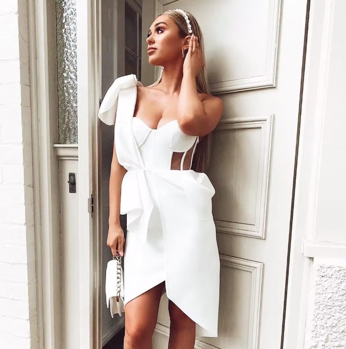 One Shoulder Mesh Rüschen Bodycon Standesamtkleid Iwalani Weiß&nbsp;Kurz