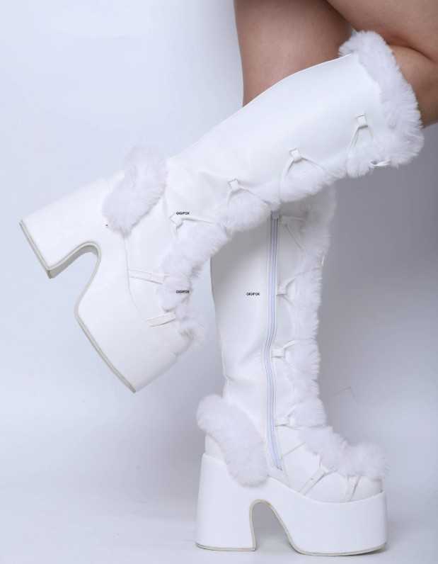 Plateau Chunky High Heels Winter Stiefel zum Schnüren in&nbsp;Weiß