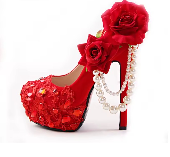 Rote Brautschuhe High Heels in Rot mit Strass Spitze Perlen und Rosen 11 – 14 cm&nbsp;Absatz