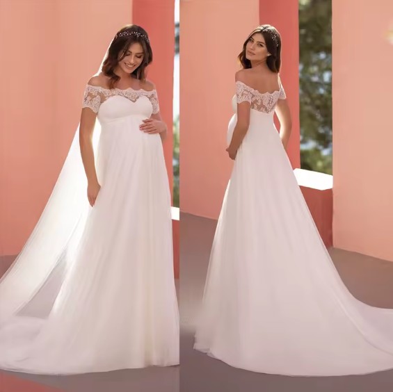 Schulterfreies Empire Schwangerschaft Brautkleid mit&nbsp;Pinselschleppe