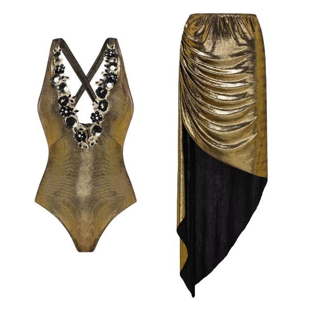 Sexy Glitzer Vintage Style Badeanzug in Gold mit Rock im&nbsp;Set