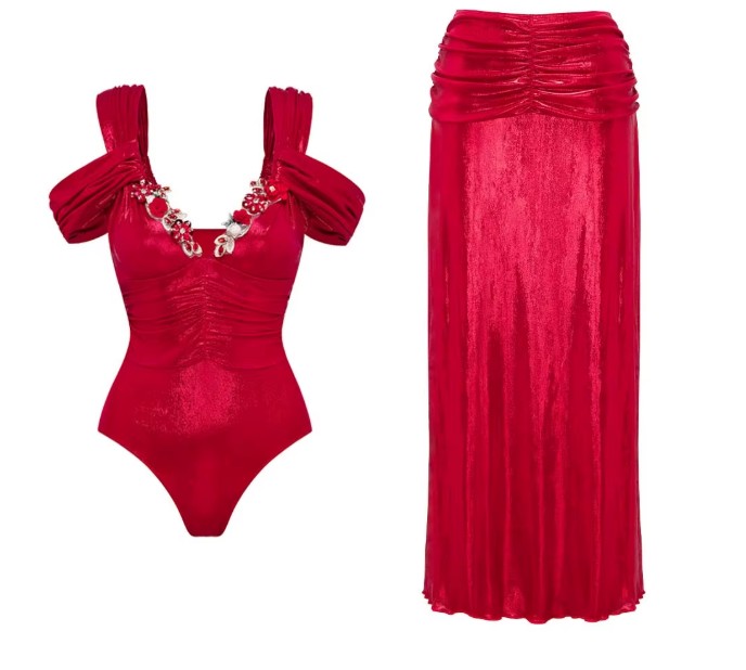 Sexy Glitzer Vintage Style Badeanzug in Rot mit Rock im&nbsp;Set