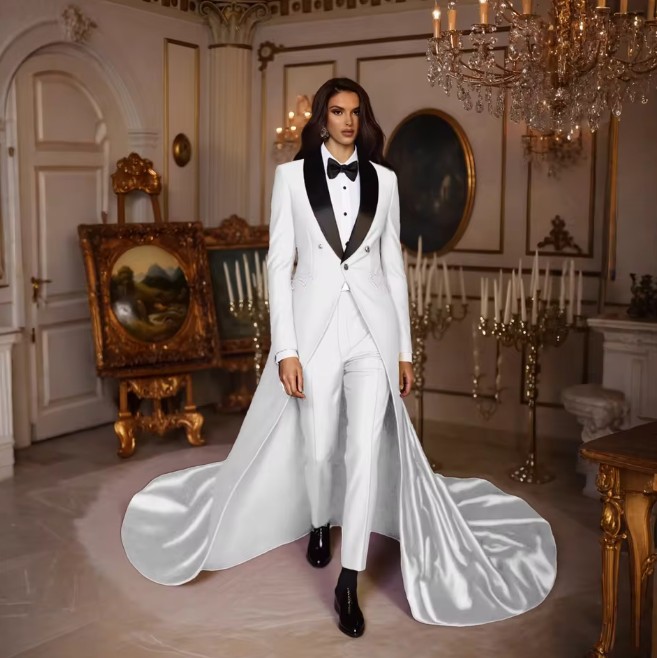 Smoking Stil Braut Hosenanzug mit Reverskragen und&nbsp;Schleppe