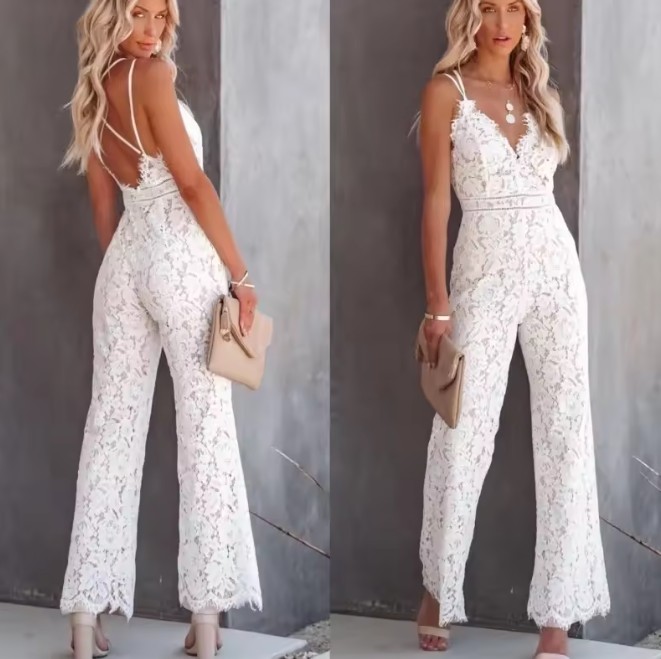 Spaghettiträger Overall Jumpsuit Ingvelde für die Braut Lang aus&nbsp;Spitze