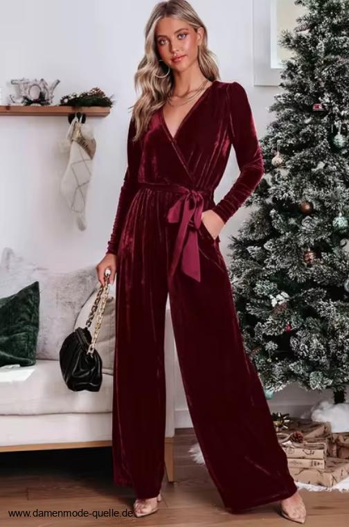 Langarm Einteiler Overall Elegant in Dunkelrot mit V&nbsp;Ausschnitt