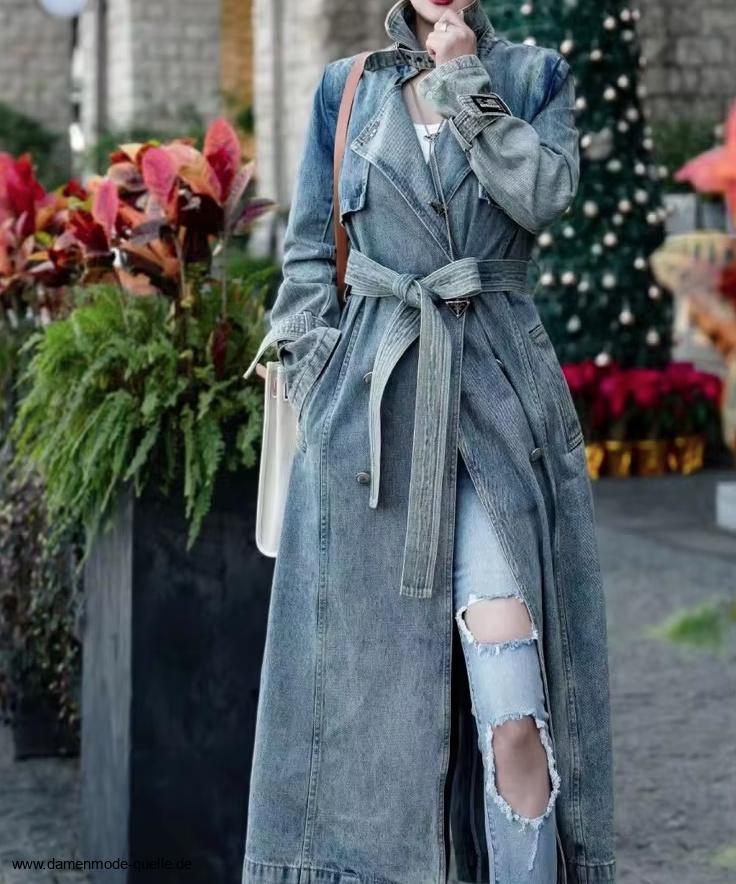 Langer Damen Jeans Mantel zum Binden&nbsp;Hellblau