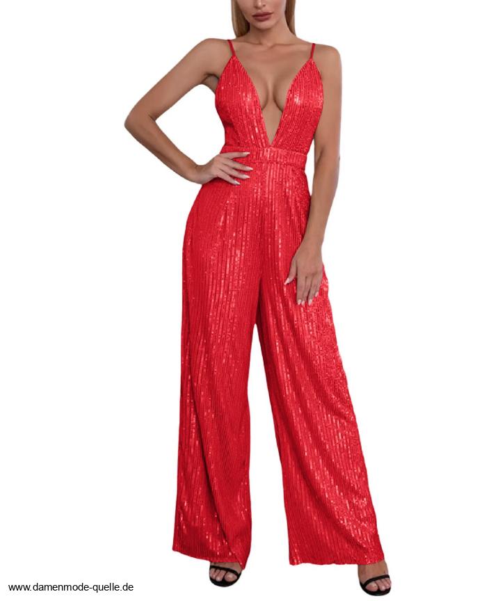 Sexy Glitzer Pailletten A Linie Einteiler 2025 Jumpsuit Diandra mit V Ausschnitt in&nbsp;Rot