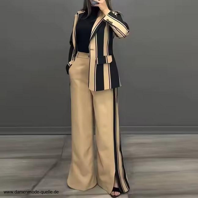 Eleganter Patchwork Hosenanzug in A Linie Gestreift Ivory&nbsp;Schwarz