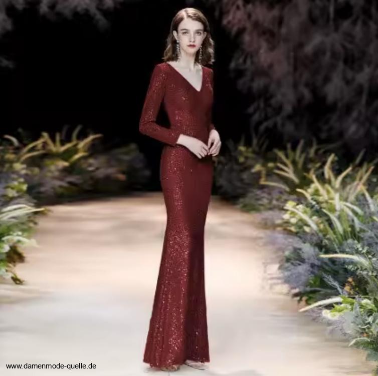 Pailletten Langarm Abendkleid 2025 mit V Ausschnitt in&nbsp;Weinrot