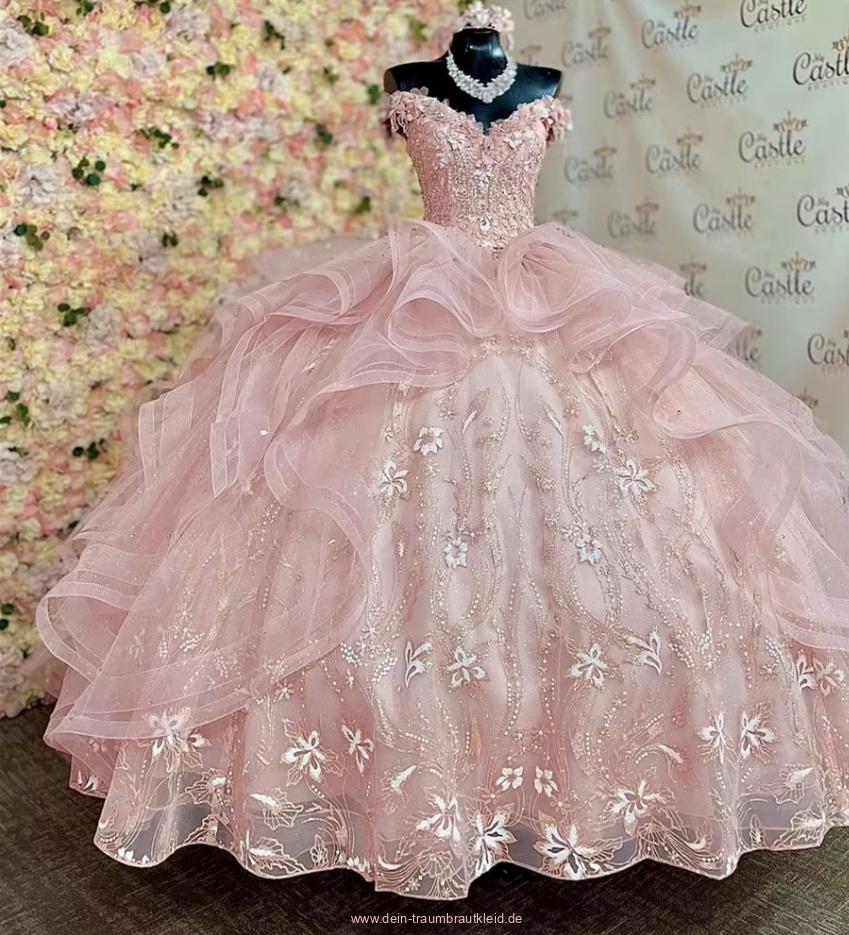 Schulterfreies Ball Linie Brautkleid Carole in Rosa mit Tüll Pailletten und&nbsp;Blumen