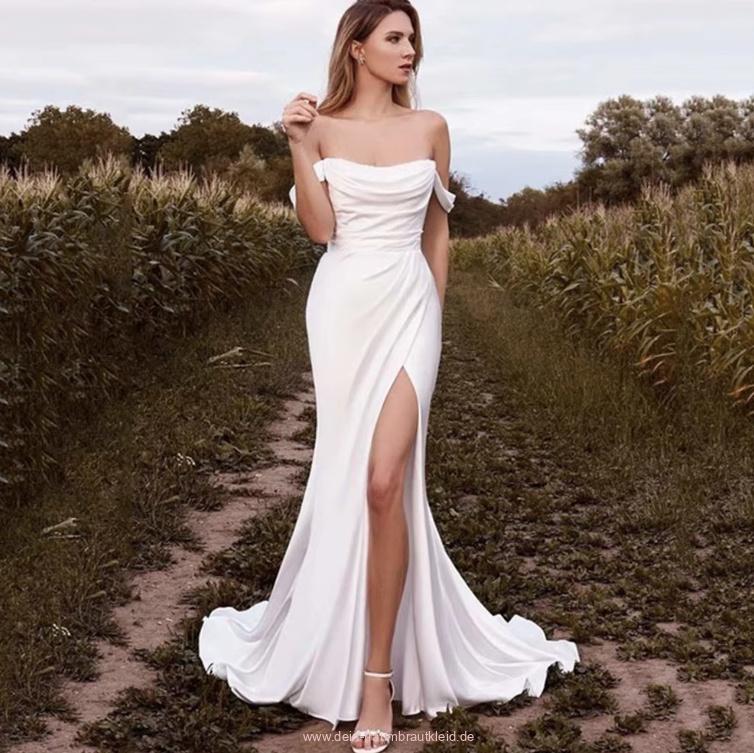 Schulterfreies Meerjungfrau Satin Brautkleid Carolin mit&nbsp;Schlitz