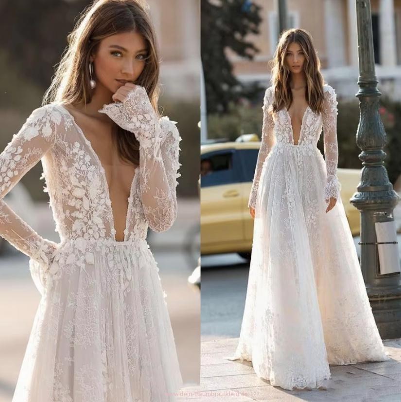 A Linie Langarm Brautkleid Eliane mit Blumen Rückenausschnitt und&nbsp;Spitze