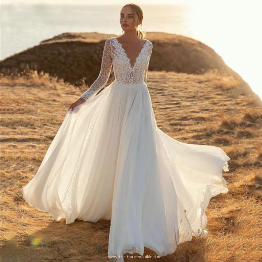 A Linie Langarm Chiffon Boho Brautkleid Emira mit Ärmel aus&nbsp;Spitze