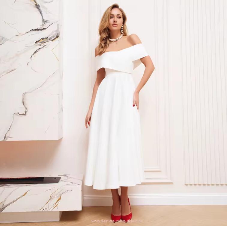 Schulterfreies A Linie Standesamtkleid Ermelina Wadenlang in&nbsp;Weiß