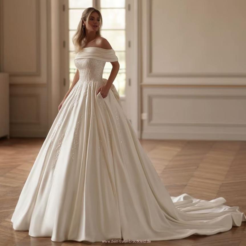 Schulterfreies A Linie Brautkleid Florentine mit Glitzer Pailletten und&nbsp;Schleppe