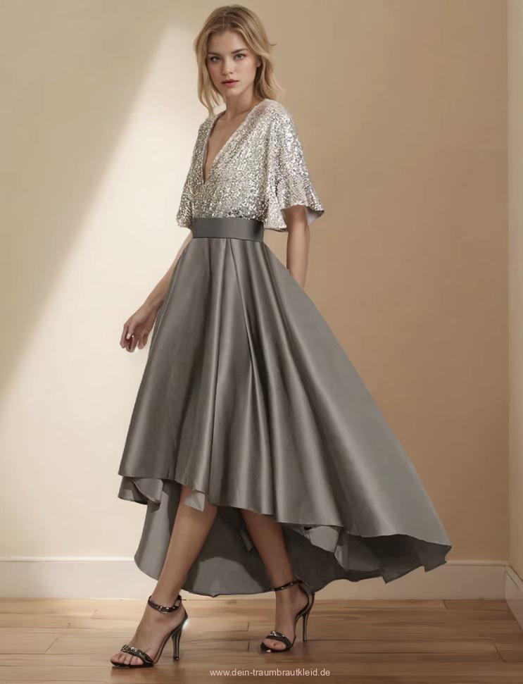 Satin Glitzer Kleid Christel Elegant für Hochzeitsgäste in Silber Vorne Kurz Hinten&nbsp;Lang