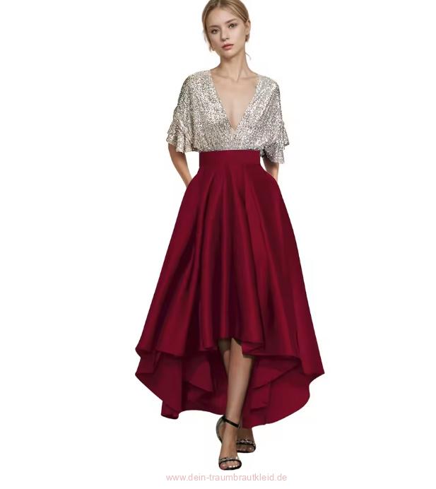 Satin Glitzer Kleid Christel Elegant für Hochzeitsgäste in Dunkelrot Vorne Kurz Hinten&nbsp;Lang