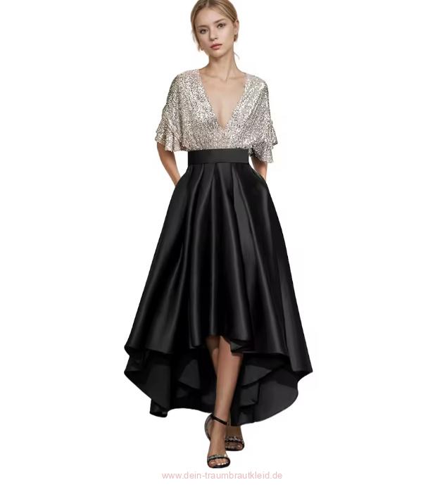 Satin Glitzer Kleid Christel Elegant für Hochzeitsgäste in Schwarz Vorne Kurz Hinten&nbsp;Lang