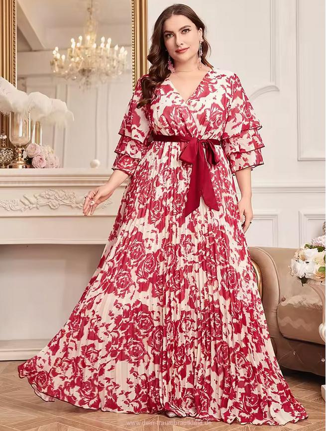 Empire Plissee Kleid Celina Elegant für Hochzeitsgäste in Weiß Rot mit&nbsp;Blumenmuster