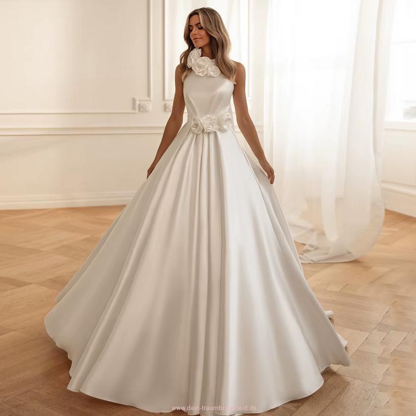 Ärmelloses Satin A Linie Brautkleid Constanze mit Blumen Applikationen&nbsp;Rückenfrei