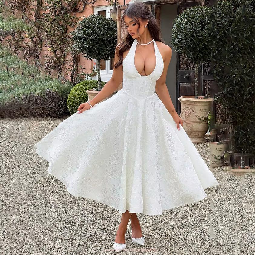 50er Style Neckholder Träger Brautkleid Dahlia Wadenlang mit&nbsp;Blumenmuster