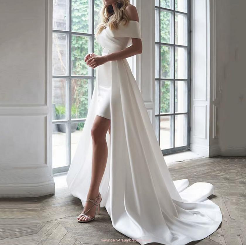 Schulterfreies Vokuhila Brautkleid Diane Schleppe&nbsp;Abnehmbar