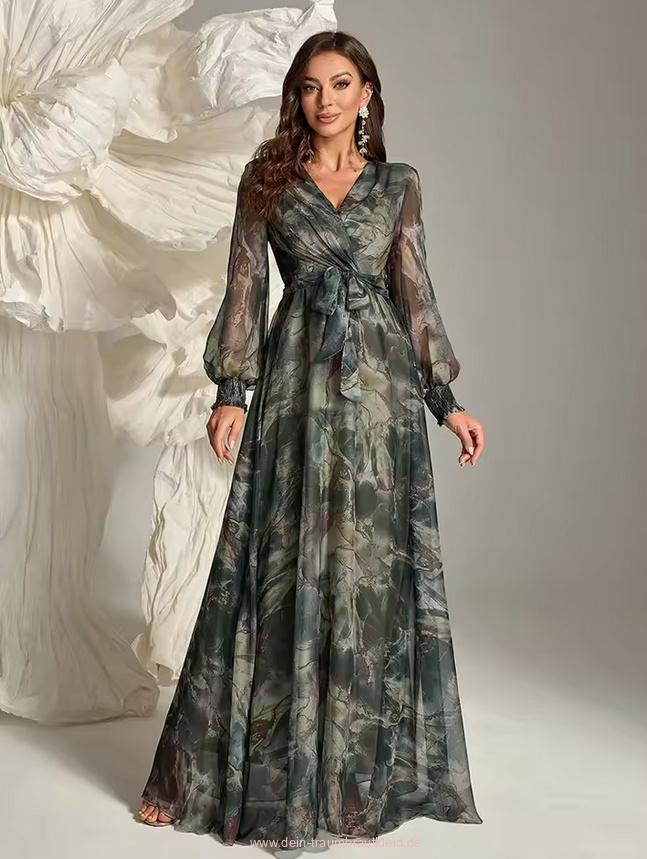 A Linie Chiffon Kleid Delphine Elegant für Hochzeitsgäste in Dunkelgrün mit&nbsp;Blumenmuster