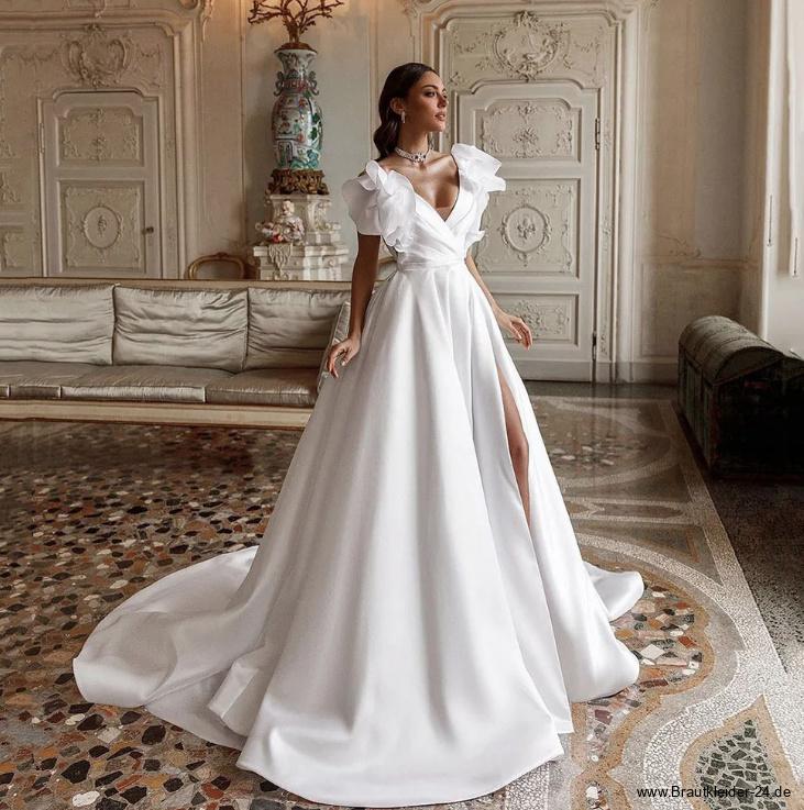 Ball Linie Satin Brautkleid Lillian mit V Ausschnitt und Schlitz&nbsp;Festlich