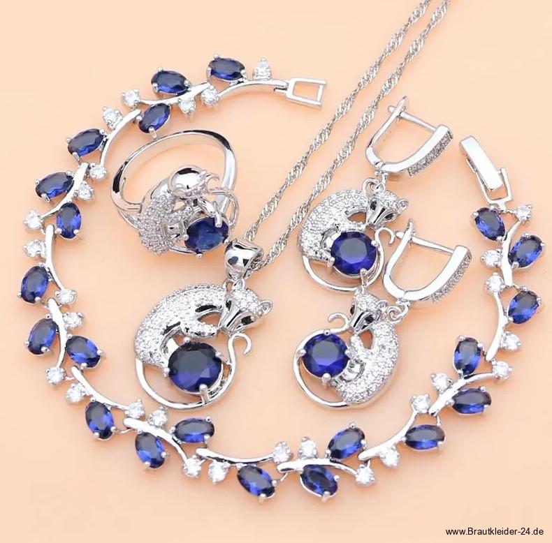 Blue Sapphire Silber 925 Brautschmuck Set Lilith Halskette Ohrringe Armband und&nbsp;Ring