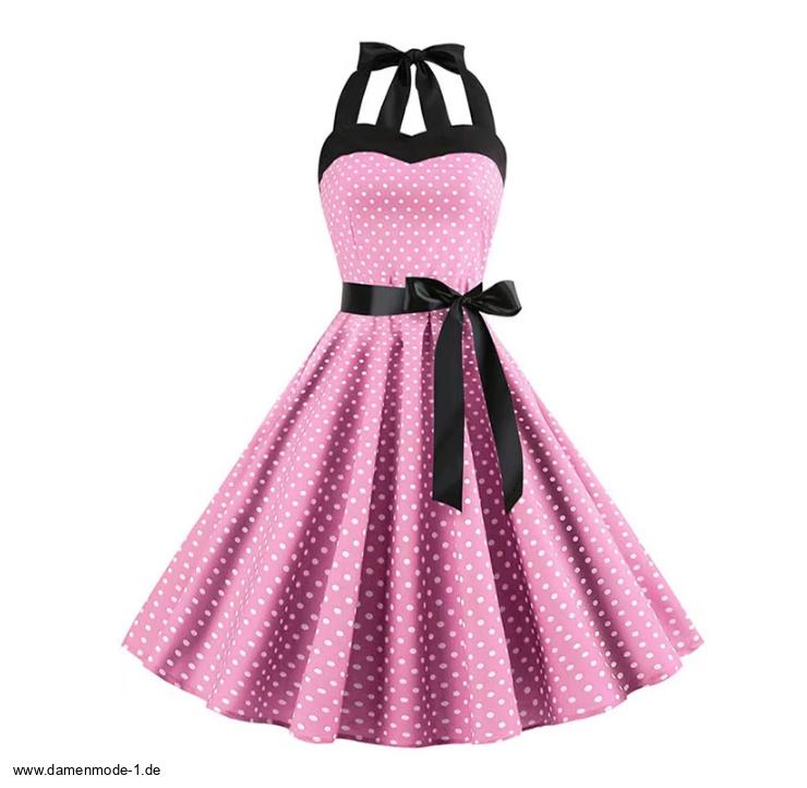 Neckholder Träger 50er Rockabilly Kleid Knielang Rosa&nbsp;Gepunktet