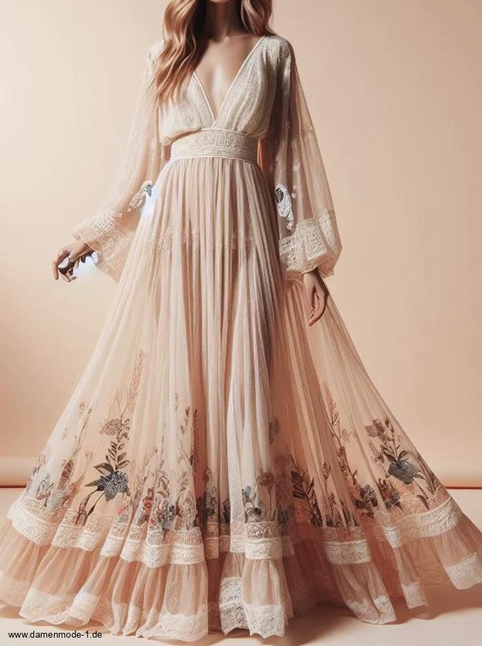 Elegantes A Linie Maxi Boho Kleid mit V Ausschnitt und&nbsp;Blumenmuster