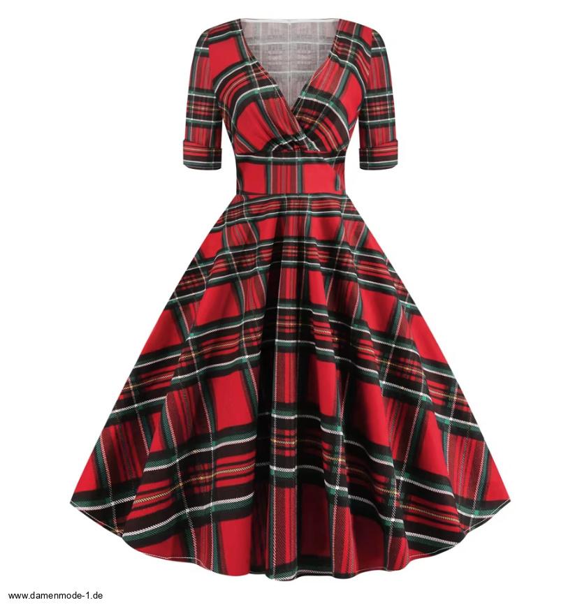 A Linie Kurzarm 50er Rockabilly Kleid Knielang Rot&nbsp;Kariert