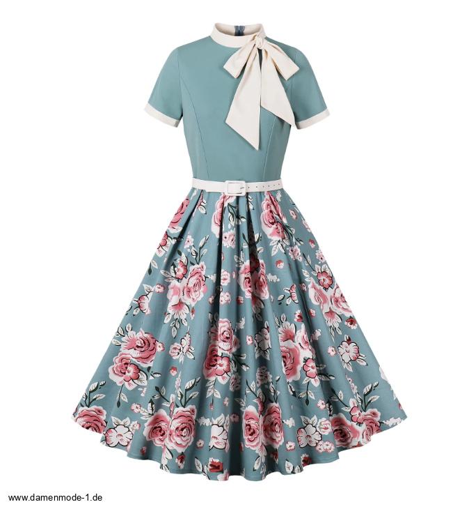 A Linie Kurzarm 50er Rockabilly Vintage Kleid in Grün mit Blumenmuster und&nbsp;Schleife