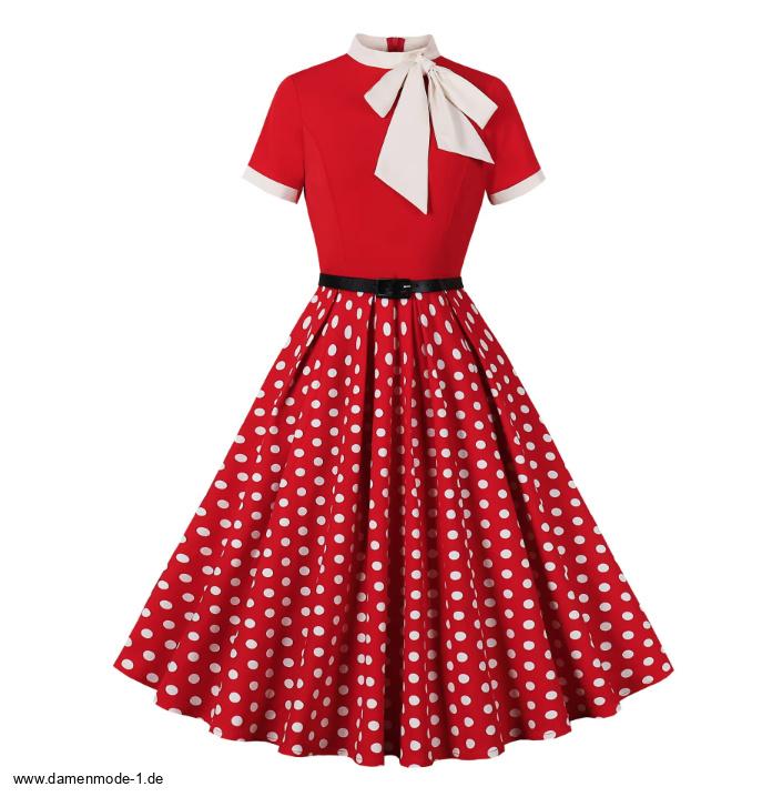 A Linie Kurzarm 50er Rockabilly Vintage Kleid in Rot Gepunktet mit&nbsp;Schleife