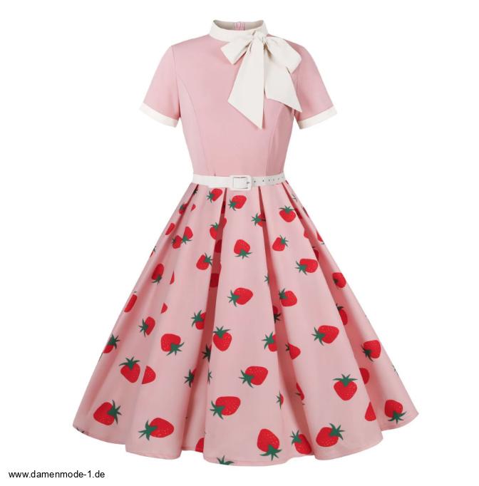 A Linie Kurzarm 50er Rockabilly Vintage Kleid in Rosa mit Erdbeere Muster mit&nbsp;Schleife